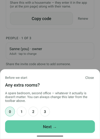 The setup wizard asking how many extra rooms a household has, before walking through the rest of the rooms