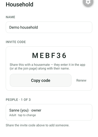 Renaming a household from the settings screen