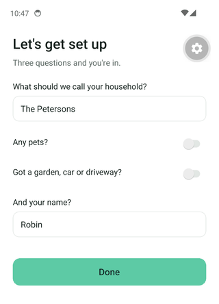 Setting up a household in Miluven, a quick room-by-room wizard, then reaching the home screen ready to start a round