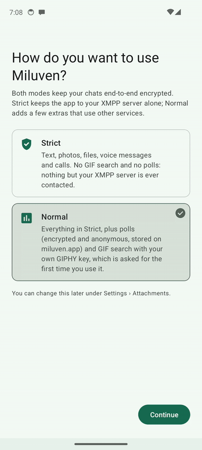 The first-start wizard: choosing between Strict and Normal mode, then the welcome screen