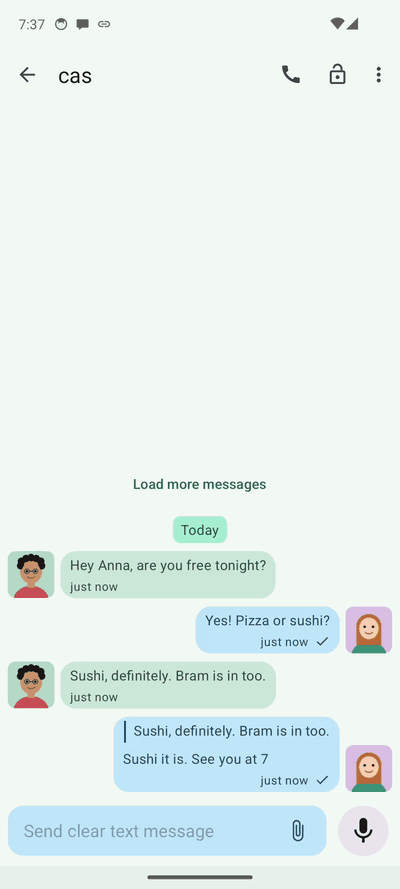 Sharing a photo: the attachment chooser, Android's photo picker, the picture appearing in the chat